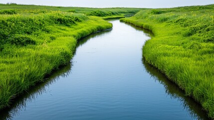 Poster - Create serene river settings using nature plates, depicting meandering waterways, vibrant flora, and the reflective beauty of flowing rivers. Clean and Clear Color, Realistic Photo, , Minimalism,