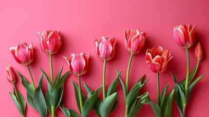 Wall Mural - happy women s day greeting card,tulips on pink background.stock photo