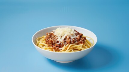 Wall Mural - Delicious Spaghetti Bolognese with Parmesan Cheese on Blue Background under Clear Light