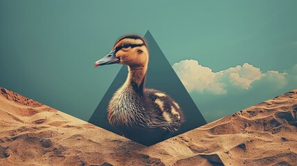 Sticker -  A photo of a duck on the beach surrounded by sand, with a pyramid in the distance and clouds in the background