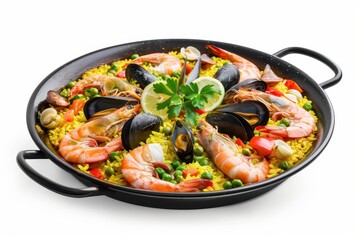 Wall Mural - Authentic Spanish Paella with Fresh Seafood, Saffron Rice, and Colorful Vegetables on White Background in Natural Light