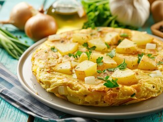 Wall Mural - Delicious Spanish Tortilla Omelette with Potatoes and Onions on a Green Background under Bright Light