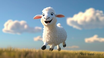 Wall Mural -   A sheep jumps in a grassy field under a blue sky with cloudy background