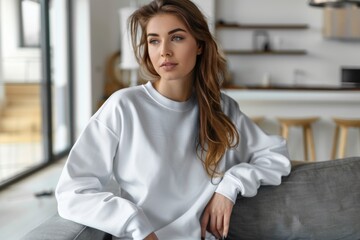 Poster - attractive woman in a white sweatshirt sitting on the sofa in her modern living room.