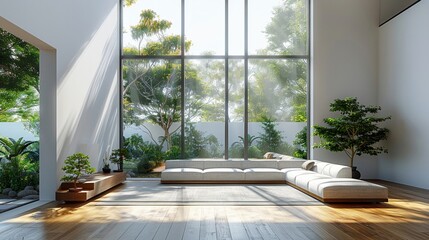 Modern living room with minimalistic furniture large windows natural light white walls clean lines highres photo