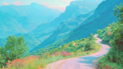 Sticker -   A painting of a mountain road surrounded by a lush green valley forest on either side