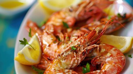 Wall Mural - Sizzling Gambas a la Plancha Delight with Lemon Wedges on Blue Background under Clear Light