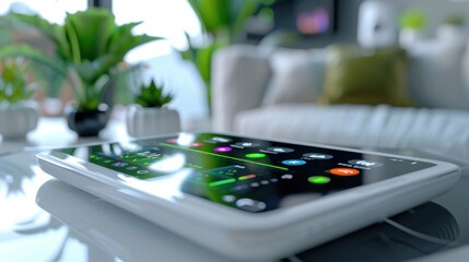 A smart speaker with a large screen displaying a variety of icons and buttons