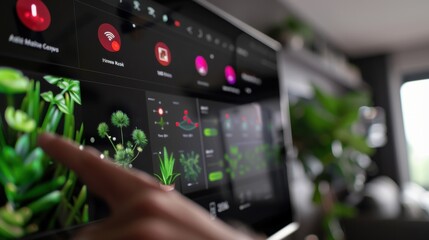A smart speaker with a large screen displaying a variety of icons and buttons