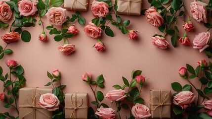 Wall Mural - frame of gift boxes,roses buds on pastel beige background top view happy valentines day mothers day international womens day concept.stock image