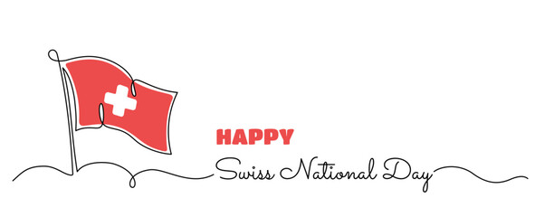 Swiss National Day banner with flag of Switzerland one line art drawing. Abstract minimal 1st August holiday background design. 