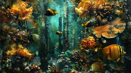 Sticker -   An underwater scene with fish and corals at the bottom