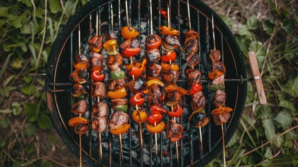 Wall Mural - Meat and vegetable skewers near an outdoor barbecue grill, top view.