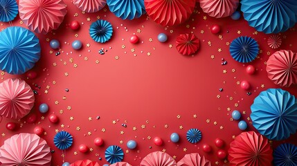 Wall Mural - abstract background,american flag balloon,paper fans on red background happy presidents day independence day usa th of july columbus day.illustration