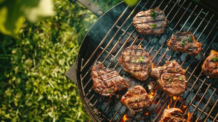 Wall Mural - Steaks sizzling on a charcoal BBQ grill in a sunny yard, top shot.