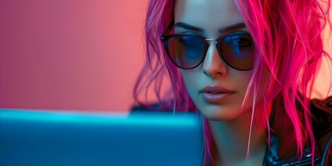 Wall Mural - Smart hacker woman with pink hair sunglasses leather jacket hacking websites. Concept Hacker Character, Pink Hair, Sunglasses, Leather Jacket, Website Hacking