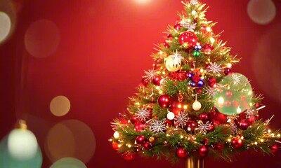 Wall Mural - Christmas background with xmas tree and sparkle bokeh lights on red canvas background