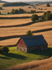 Wall Mural - Farmhouse, rustic, countryside, hills, barn, fields, wheat, rural.