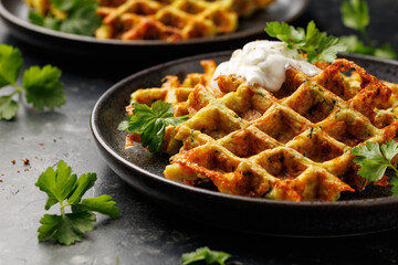 Wall Mural - Homemade zucchini waffles in a rustic plate. Healthy food.