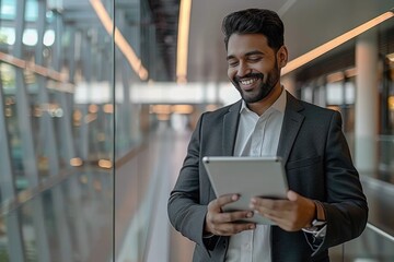 young smiling businessman using a digital tablet in a modern office