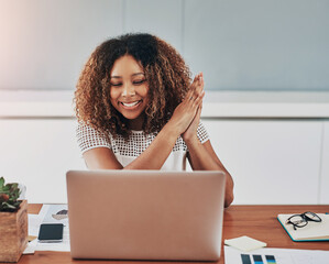 Girl, happy and celebrate with laptop in home office for work milestone, promotion and job well done with performance recognition. Woman, success and online for positive news and career achievement.