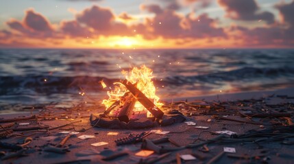 Poster - Campfire on the Beach at Sunset