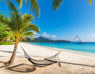 Wall Mural - Tropical relax beach as summer island landscape with beach swing or hammock on palm, close to fantastic sea view. Amazing beach panorama vacation and summer holiday concept. Luxury panoramic travel