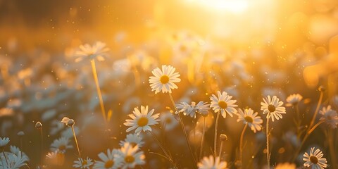 Wall Mural - Field of white daisy blooms at sunset creating warm golden hour effect. Concept Golden Hour Photography, Nature Photography, Floral Landscape, Sunset Beauty