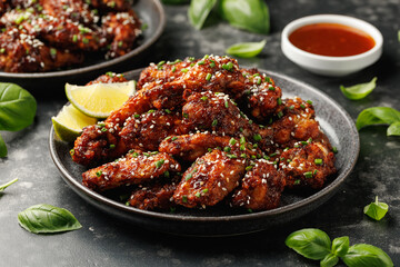 Wall Mural - Spicy korean chicken wings with sesame seeds and chives