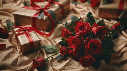 Wall Mural - Red Roses and Gifts on Satin Fabric