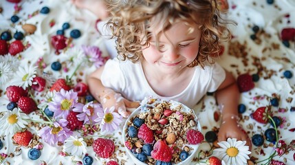 Wall Mural -   Girl on bed with cereal and berries