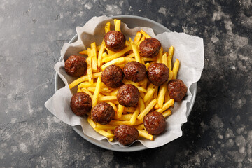 Wall Mural - Beef meatballs and french fries. Fast food, Take away food