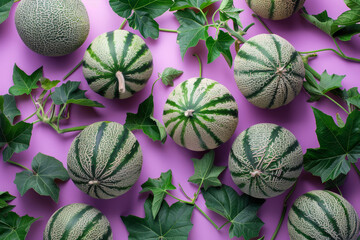 Wall Mural - Green Melons and Leaves on Pink Background, Fresh and Vibrant Display of Natural Produce