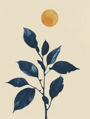 Poster - A single branch with blue leaves and a yellow circle in the upper center of the image