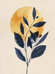 Wall Mural - A blue leafy plant with a large yellow circle behind it, painted in watercolor