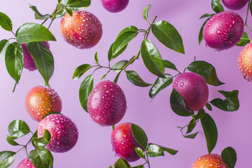 Wall Mural - Fresh Plums on Branches with Water Droplets against Pastel Purple Background