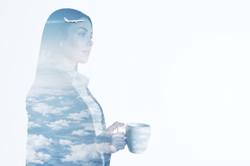 Wall Mural - Outline portrait of attractive thoughtful young european woman with coffee cup thinking about travel on white double exposure background with sky view, airplane and mock up place.