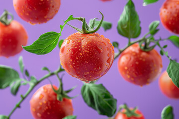 Wall Mural - Fresh Dew Covered Tomatoes on Vibrant Purple Background