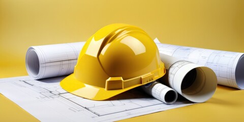 construction theme yellow helmet with scrolls of drawings , projects blueprint on a yellow background