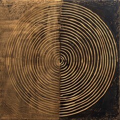 Wall Mural - A close-up view of an abstract painting with concentric circles in gold and black hues