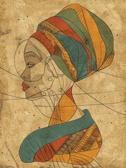 Wall Mural - A detailed, abstract illustration of a woman's face in profile, with a colorful headscarf and intricate patterns