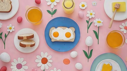 Sticker -   A table topped with plates of food, next to a pink tablecloth with flowers and eggs on top of it