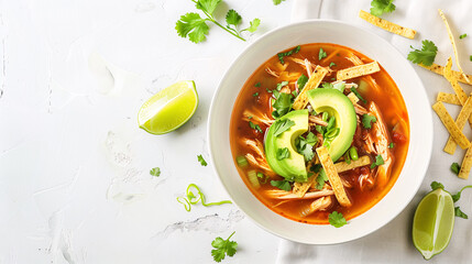 a slow-cooked chicken tortilla soup, garnished with avocado slices, tortilla strips, and lime wedges, served in a simple white bowl on a clean white tablecloth