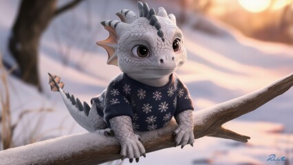 Sticker - A small white dragon sitting on a branch in the snow, AI