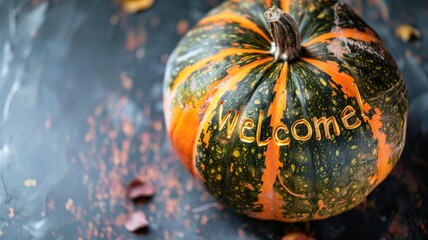 A variegated pumpkin with the inscription 