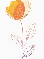 Poster - A single flower with three leaves in a line art style, with a gradient of orange and purple colors