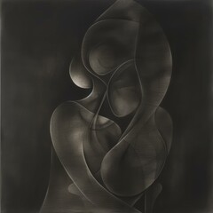 Poster - A black and white abstract drawing of a figure with curved lines and shapes