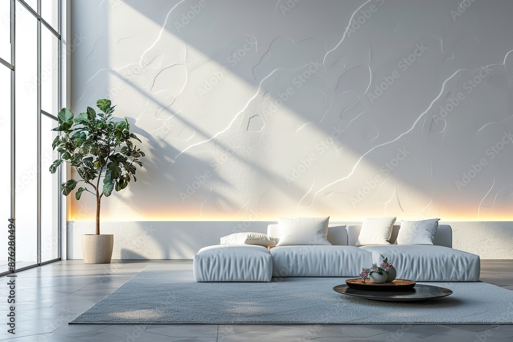 Modern white living room interior 3d rendering image.A blank wall with ...