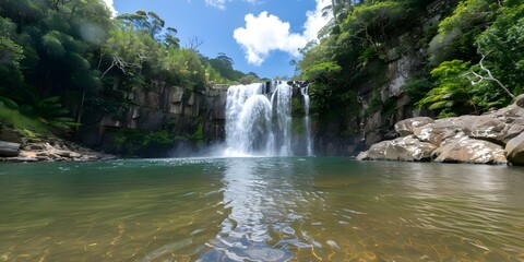 Wall Mural - Vivid detailed image of a large waterfall surrounded by trees and sky. Concept Nature, Waterfall, Landscape, Scenic Beauty