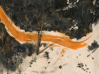 Wall Mural - A stylized painting of a winding orange path through a snowy forest, with a dark, almost black, background and a few bare trees